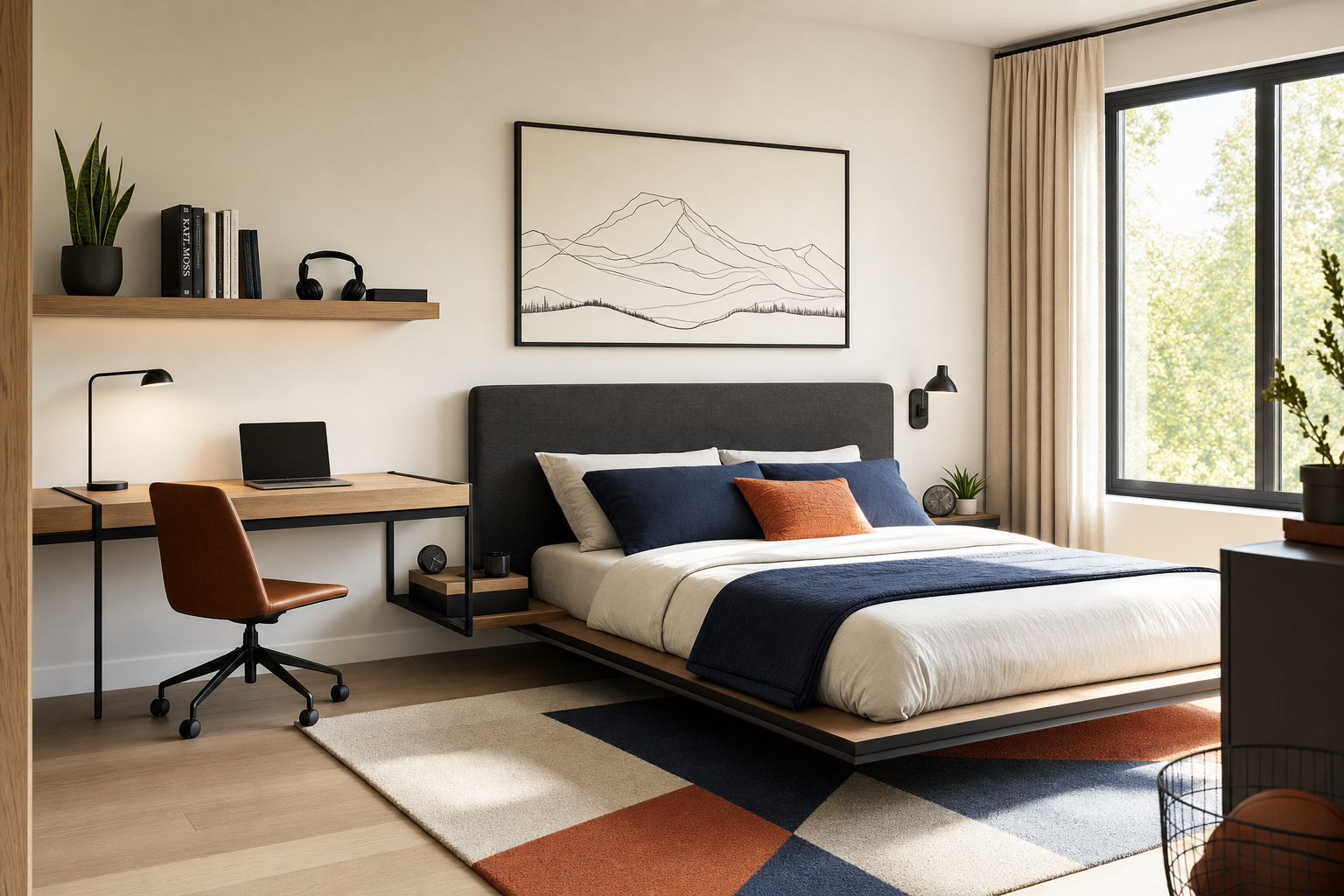 A modern bedroom prepared for a young man